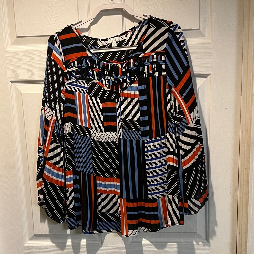 Spense Black and Blue Geometric Blouse